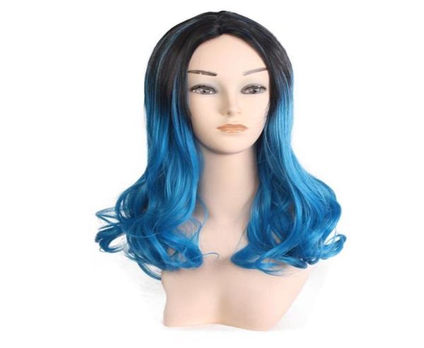 Woodfestival ombre rosa azul encaracolado peruca de comprimento médio feminino fibra sintética peruca preta resistente ao calor perucas de cabelo 50cm2961024