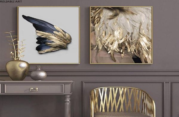 Nordische goldene und schwarze Flügel-Wandkunst, Leinwandgemälde, abstrakte Blätter, Wandkunstdrucke und Poster für Wohnzimmer, Heimdekoration2100947