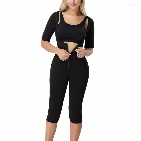 Shapers femininos yumdo elástico zip up cintura shaper underbust sliming bodysuit braço controle coxa shapewear preto suor completo trainer