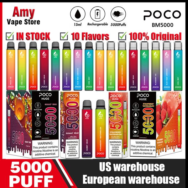 Originale Poco 5000 sbuffi Sigaretta Poco Enorme penna Vape usa e getta ricaricabile 15ML 10 colori Dispositivo La più recente penna vapore vaper randm fumot succo di melograno