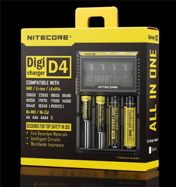 100 Caricabatterie intelligente Digi intelligente originale Nitecore D4 con display LCD per 1450016340 RCR123186502265026650AAAAA Batter3199600
