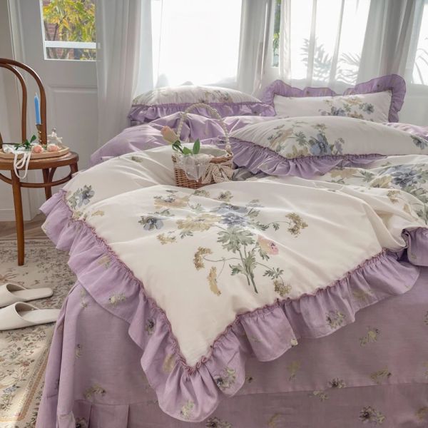 Conjunto de cama 100% algodão francês vintage gardénia impressão princesa conjunto de cama flores rurais babados colcha/capa de edredom fronhas de roupa de cama