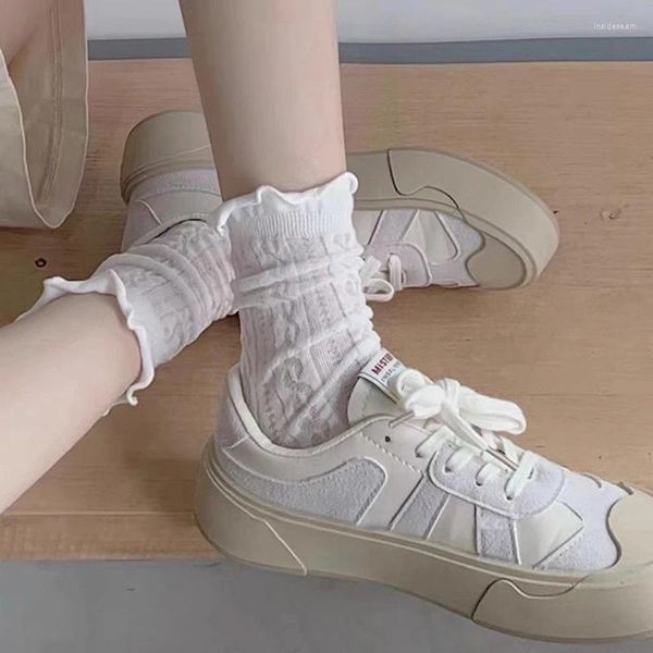 Frauen Socken Weiß Dünne Sommer Für Rüschen Weiche Baumwolle Atmungsaktiv Mittleren Rohr Harajuku Weibliche Casual Lange