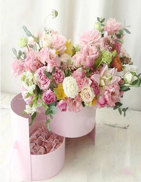 Scatole di carta per fiori rotondi a doppio strato Confezione regalo Bouquet di rose Confezione regalo Scatola di cartone con nastri Decor Cartone Dec C0417W7681566
