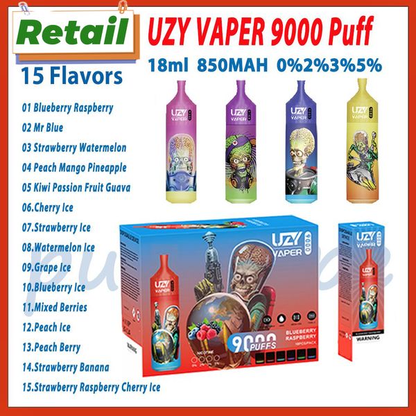 Vendita al dettaglio UZY Vaper 9000 Sigarette elettroniche monouso Puff Mesh Coil 18ml Pod preriempito 850mAh Batteria Cigs elettroniche 15 sapori 0% 2% 3% 5% 9k Puffs Vape Pen Kit