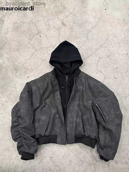 Erkek Hoodies Sweatshirts Mauroicardi Bahar Büyük boy vintage siyah sahte süet deri ceket erkekler fermuarlı 2 adet lüks tasarımcı kıyafetleri kapşonlu 2024 l240315