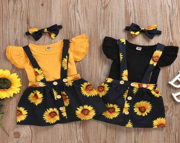 Crianças roupas do bebê meninas conjuntos de roupas girassol verão voar manga superior suspender saias ternos crianças adorável botão floral outfits2426994