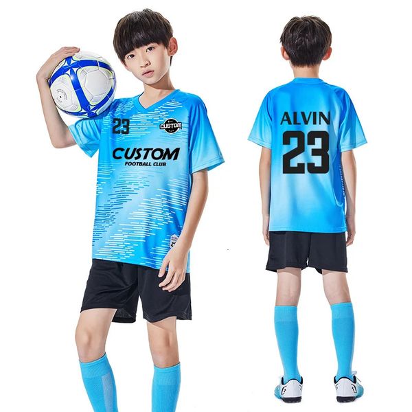 Benutzerdefinierte Kinder Fußballtrikots Fußballuniformen Trainingsanzug Jungen Mädchen Fußballtrikot Sets Atmungsaktive Fußballuniform für Kinder 240313