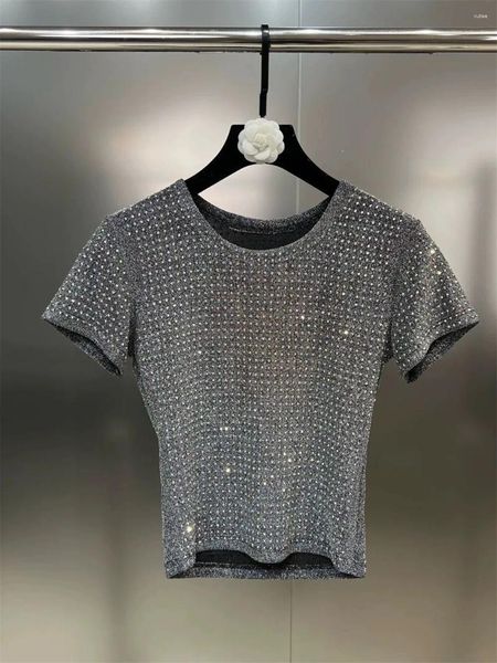 Damenblusen, Herbst, Rundhalsausschnitt, kurze Ärmel, glänzend, gerollt, Diamant-Taille, schrumpfend, elastisch, Strick-T-Shirt, T-Trend