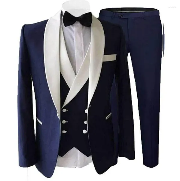 Herrenanzüge Voller Mann 3-tlg. Weißer Schal Revers Hochzeit Bräutigam Prom Smoking Bespokens Geschäftsformeller männlicher Blazer Sets Kostüm Homme