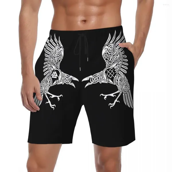 Herren-Shorts, Badeanzug, Odin, Rabe, Runen, nordisches Fitnessstudio, Sommer, lustig, lässig, Strand, männlich, bedruckt, Sport, bequeme Badehose