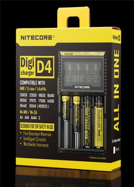 100 Оригинальное интеллектуальное интеллектуальное зарядное устройство Nitecore D4 с ЖК-дисплеем для 1450016340 RCR123186502265026650AAAABatter5562618