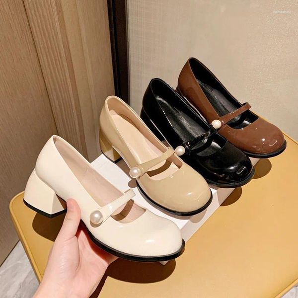 Sapatos de vestido MKKHOU Moda Bombas de Alta Qualidade Couro Genuíno Simples Cabeça Redonda Mid Heel Mary Janes Modern Women's