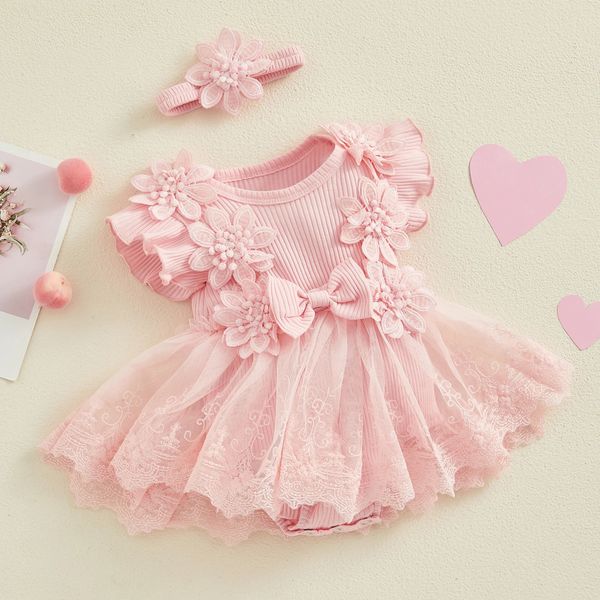 3D-Blumen-Sommer-Baby-Overall für Mädchen, Prinzessin, Netz, Neugeborene, Kleidung, Spitze, Spleißarbeit, plissiert, eng anliegende Kleidung, Stirnband, Kinderkleidung 240315