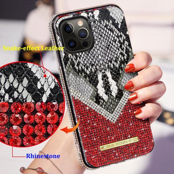 Casos de telefone de shinestone de couro com efeito de cobra para iPhone 15 Pro Max 14 Plus 13 Pro 12 mini 11 XSMAX XR x 8 7 Design de luxo Caso de diamante brilhante Samsung S23 Ultra S22 Note20