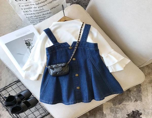 2020 28Y bambino neonata abbigliamento moda 2 pezzi bianco solido svasato camicetta a maniche lunghe denim bavaglino abiti casual autunno set3198831