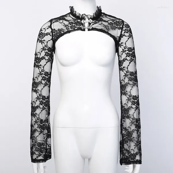 Mulheres camisetas Mulheres Vintage Flare Manga Longa Stand Collar Floral Lace Shrug Sexy Sheer Black Cardigan Crop Top