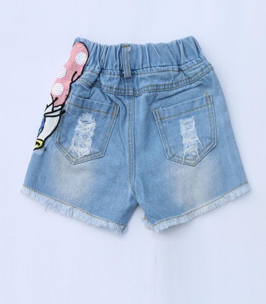 Moda infantil buraco jeans shorts meninas lantejoulas bolinhas pato bordado jean shorts crianças frisado bolso duplo cowboy shorts F69497790