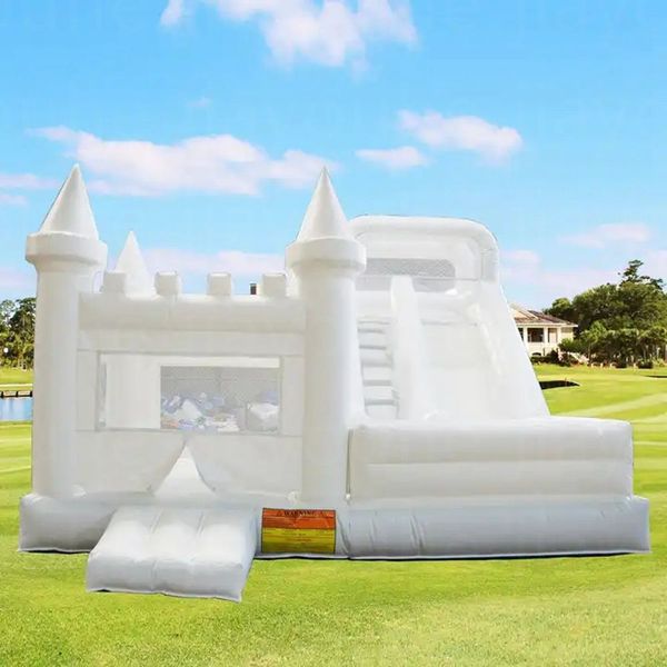 Atacado comercial trampolins casamento branco bouncy inflável salto castelo corrediça de água com bola pit branco salto casa combinação