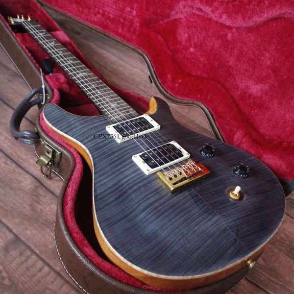 Custom Private Stock E-Gitarre mit dunkelblauer, grauer Flamme und Ahorndecke, Tremolo-Brücke, Holzkorpus, Einfassung mit weißen Perlen und Vögeln