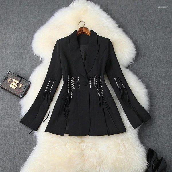 Ternos femininos 2024 de alta qualidade est designer casaco único botão amarrando corda split blazer jaqueta