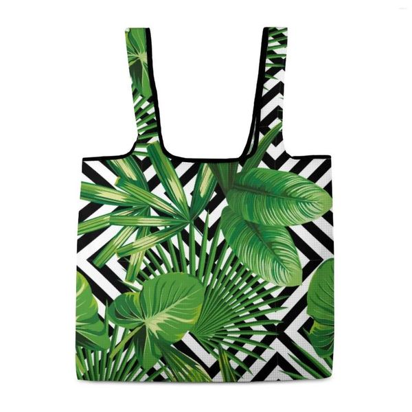 Сумки для покупок, 2 шт., легкая складная окрашенная черная полоска с зеленым листом, модная большая сумка, многоразовая сумка для продуктового супермаркета
