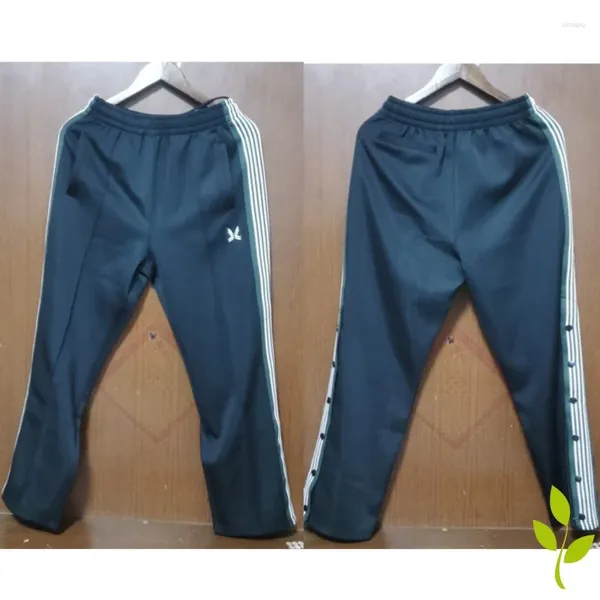 Calças masculinas High Street Needles Borboleta Bordado Listras Laterais Calças Pretas Homens Mulheres Bolso Cordão Design Casual Sweatpants