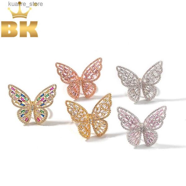 Cluster Anéis O Bling King Hiphop Borboleta Anéis Redimensionáveis ​​para Homens Mulheres Banda Anel Moda Bling CZ Pavimentada Jóias Drop Shipping L240315