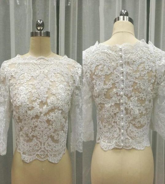 Em estoque jaquetas de casamento de renda para mulheres 34 manga longa renda bolero bateau pérolas jaqueta de casamento plus size9553948