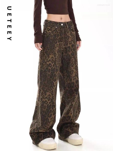 Jeans da donna UETEEY American Retro Leopard Print per le donne Pantaloni casual a vita alta in denim a gamba larga Streetwear Baggy Y2k Cargo