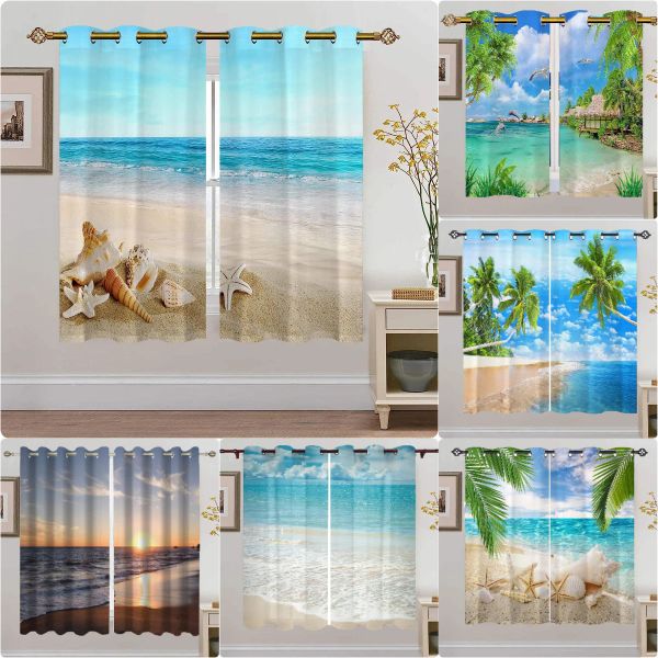 Cortinas de verão praia estrela do mar cortinas azul oceano paisagem cortina para quarto tropical sala estar decoração 2 peças frete grátis