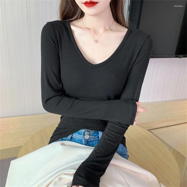 Mulheres camisetas Coreano Moda Primavera Outono T-shirt Mulheres Casual Skinny V-Pescoço Manga Completa Camisetas Feminino Cinza Básico Streetwear Simples