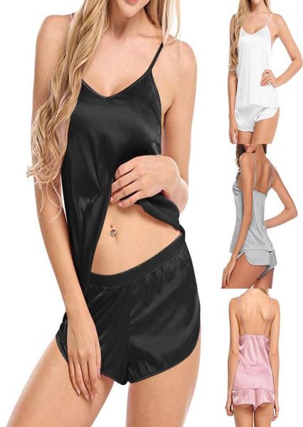 2020 donne sexy senza spalline tuta simulazione pigiama di seta sottile set scollo a V canotta senza maniche pantaloncini indumenti da notte backless5067002