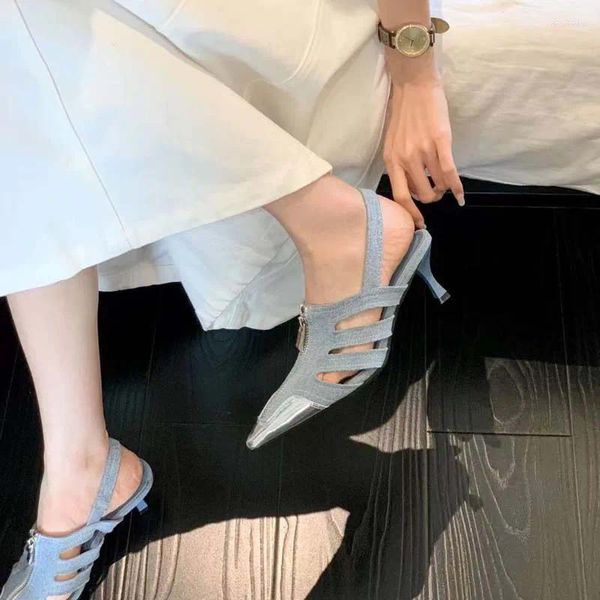 Sandalet mavi yüksek topuklu siyah sivri uçlu slingback bayanlar ofis ayakkabıları fermuar düşük topuk gümüş elbise kadın pompalar yaz stiletto