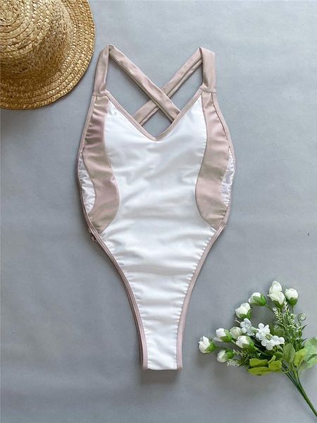 Mulheres Swimwear Sexy Splicing V Neck Cross Back Mulheres One Piece Swimsuit Feminino Alta Perna Corte Monokini Banheira Terno Nadar K5261