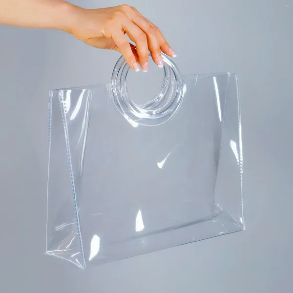 Einkaufstaschen, durchsichtige Tragetasche, Vinyl-Plastiktasche, Shopper, Acrylgriffe, transparente Trägerpackung, M