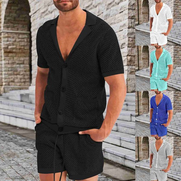 Männer Trainingsanzüge Herren Hawaiian Shirt Set Neue Sommer Kalte Seide Solide Kurzarm Strand Hemd Herren 2-stück Set ropa Hombre Q240314