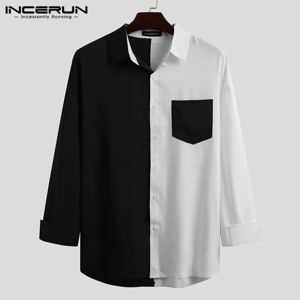 Incerun camisa masculina marca retalhos manga longa lapela botão camisa masculina streetwear moda coreano camisas casuais topos 240313