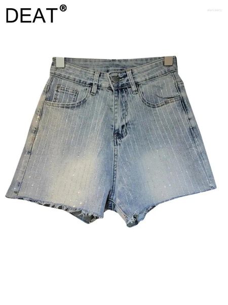 Jeans femininos deat deat shorts de cintura alta vertical listrado strass diamantes rebarbas calças curtas 2024 moda verão 29l6753