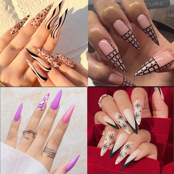 24 unhas duplas ponta de unha falsa moda sistema de gel molde arte de unha acrílica UV estende a parte superior longa para formar um novo conjunto de remendo de unha falsa destacável pressionado nas unhas