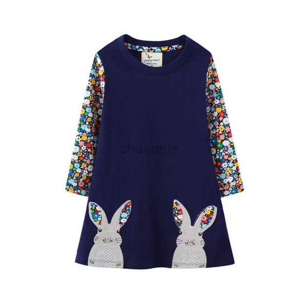 Mädchen Kleider Jumps Meter Heißer Verkauf Kinder Mädchen Kleid für Herbst Frühling Prinzessin Kinder Kleidung Baumwolle Tiere Stickerei Bunny Kleid 240315