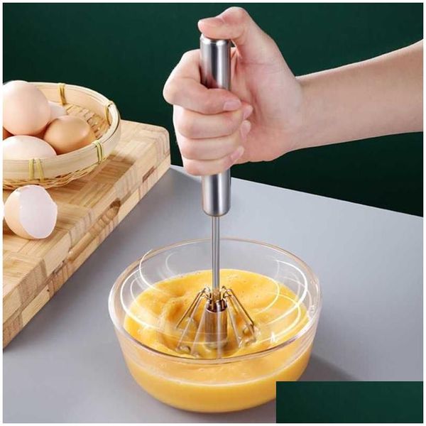 Ferramentas de ovo Whisk Blender Pressão de mão Batedor semi-mático Aço inoxidável Acessórios de cozinha Auto Turning Cream Utensílios Manual Drop Dhfzm