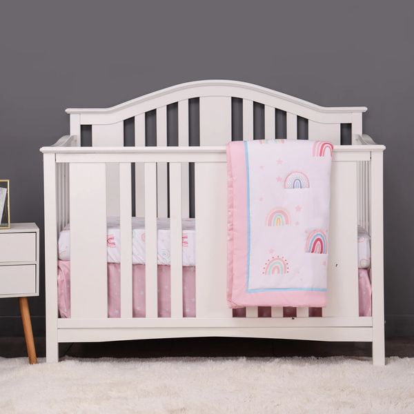 Set biancheria da letto per culla per bambina, 3 pezzi, design arcobaleno, inclusa gonna trapuntata per culla 240313