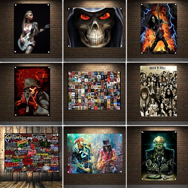 Rock Metal Musik Tapisserie Wandkarte Hip Hop Reggae Wandkunst Poster Dekoratives Banner Wandbehang Flagge mit 4 Ösen Bar Café Garage Männerhöhle Heimdekoration