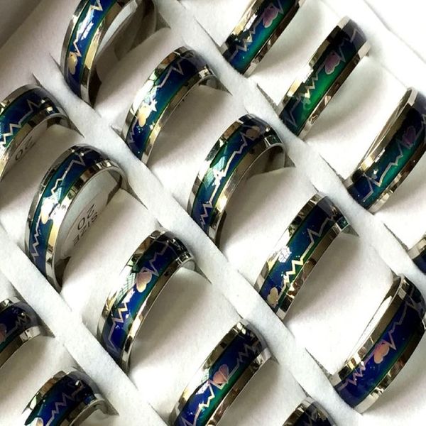 Todo 30 peças 8mm banda prata humor mudança de cor emoção anéis de aço inoxidável 316l joias anel de dedo masculino feminino anéis298z
