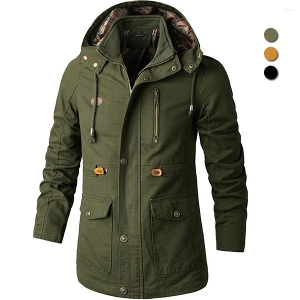 Jaquetas masculinas finas workwear homens primavera outono com capuz blusão longo solto trench coats algodão multi-bolso jaqueta de carga casual