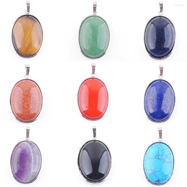 Anhänger Halsketten Gemischt 10 stücke Hübscher Naturstein Oval Silber Überzogene Amulett Reiki Charme Für Halskette Schmuck Großhandel TBN319