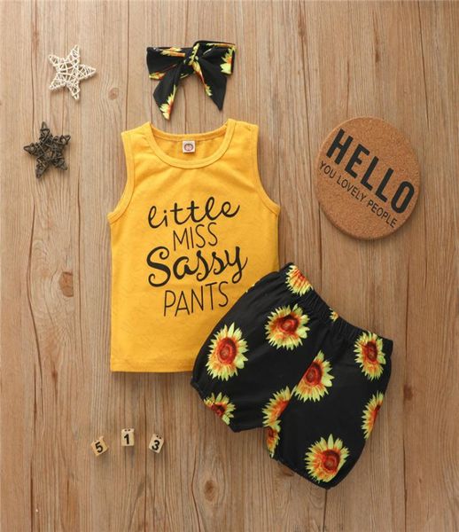 2020 Baby Mädchen Shorts Set mit Haarband Stirnband Haarwickel Tank Weste Sonnenblumen Shorts Zweiteilige Kinderkleidung Sport Freizeitanzug7618573