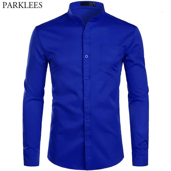 Mens Royal Blue Dress Camisas Marca Banded Mandarim Collar Camisa Masculina Manga Longa Casual Botão para Baixo com Bolso 2XL 240304