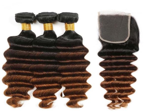 Deep Wave 1B430 Medium Auburn Ombre brasilianisches Echthaar, mit 4x4-Spitzenverschluss vorne, 3Tone Ombre Bundles mit Verschluss8587342